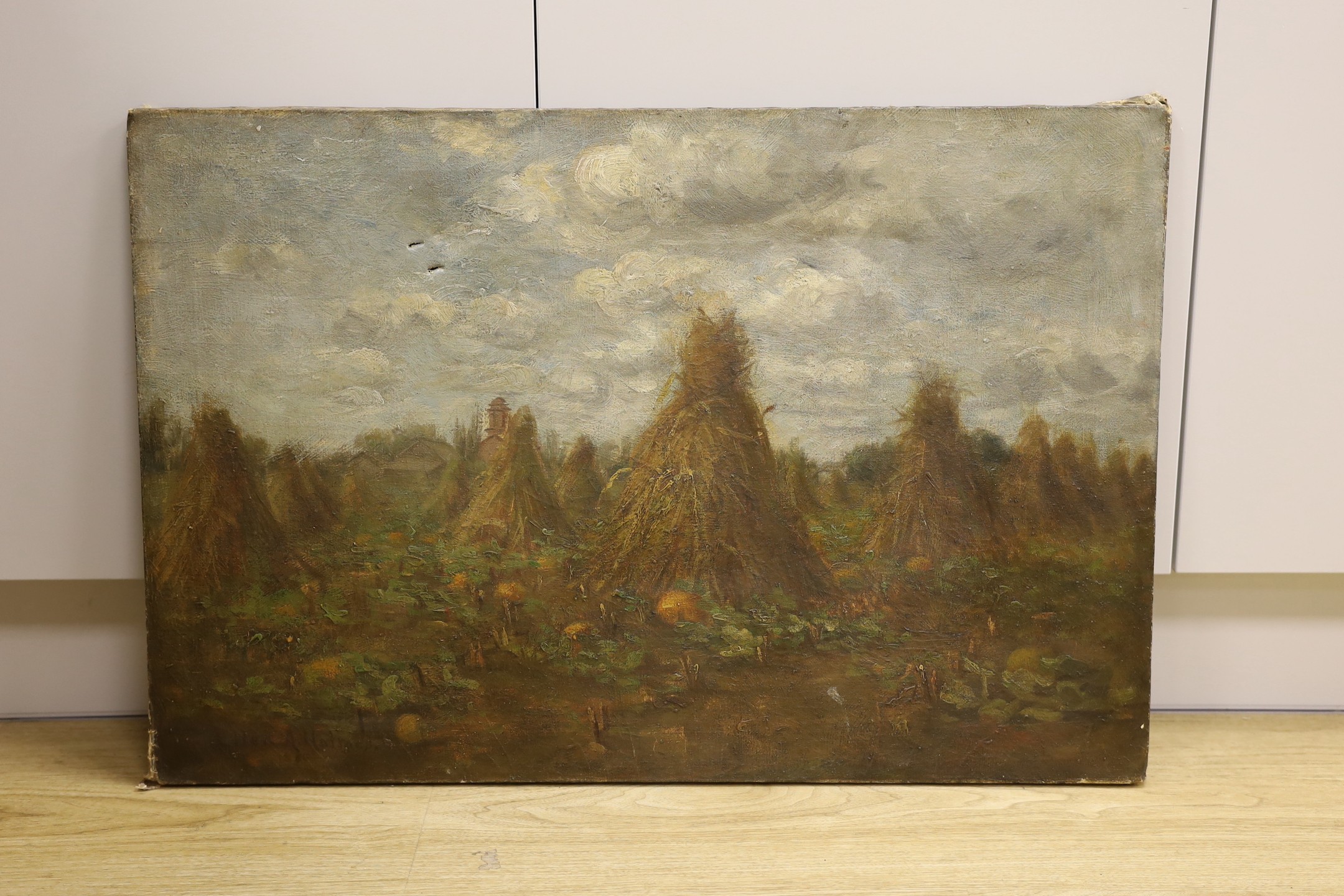 E.H. Holmes (19th C.), oil on canvas, Cornstacks and pumpkins in a field, signed and dated 1880, 51 x 77cm, unframed